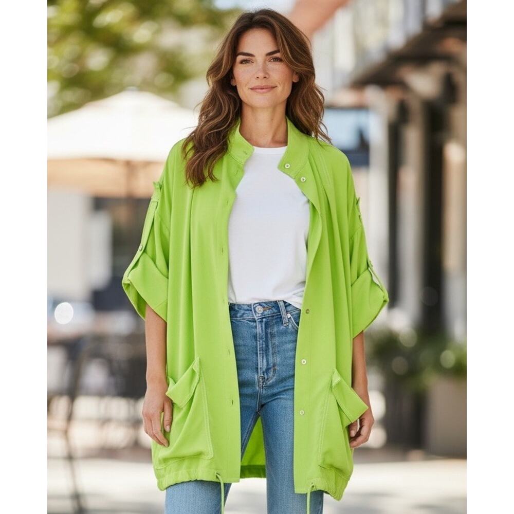 ST. JOHN SoCa Neon Lime Green Silk Drawstring, Long Jacket Sz M